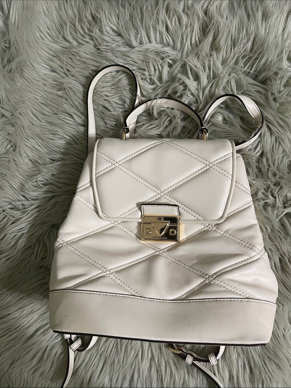 Michael Kors White Quilted Leather Backpack with Gold Lock